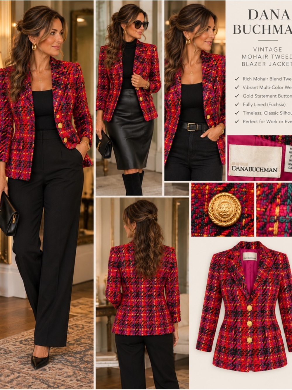 Vintage Dana Buchman Multicolor Plaid Tweed Blazer Jacket Size 8 Mohair Wool